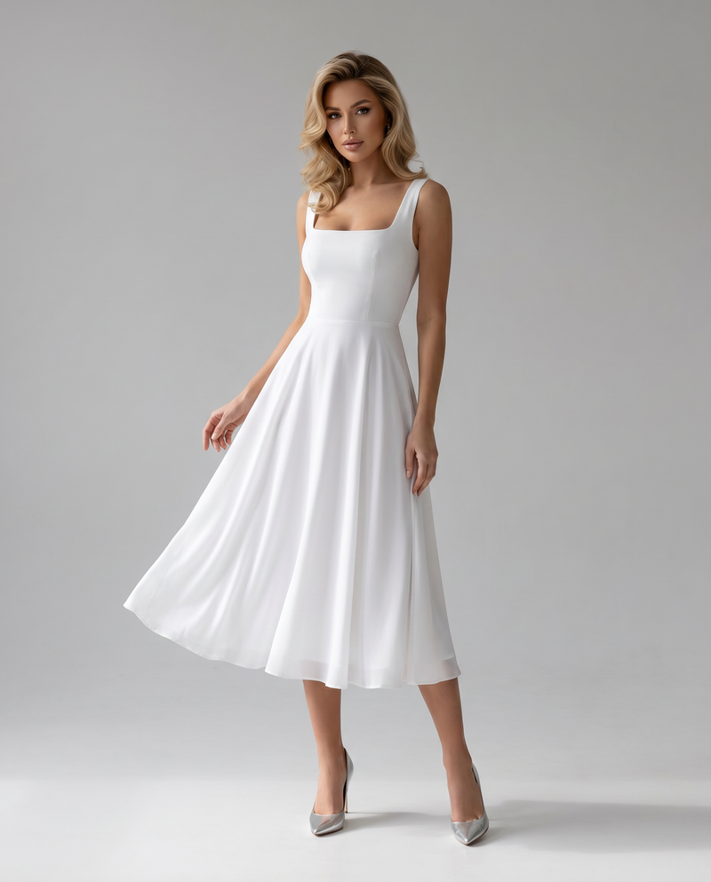 Brigitte Squared Neck Wide Strap Full Circle Skirt Midi Dress