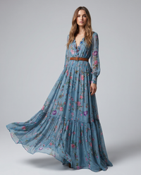Sidonie Floral Print Belted V Neck Long Sleeve Tiered Maxi Dress
