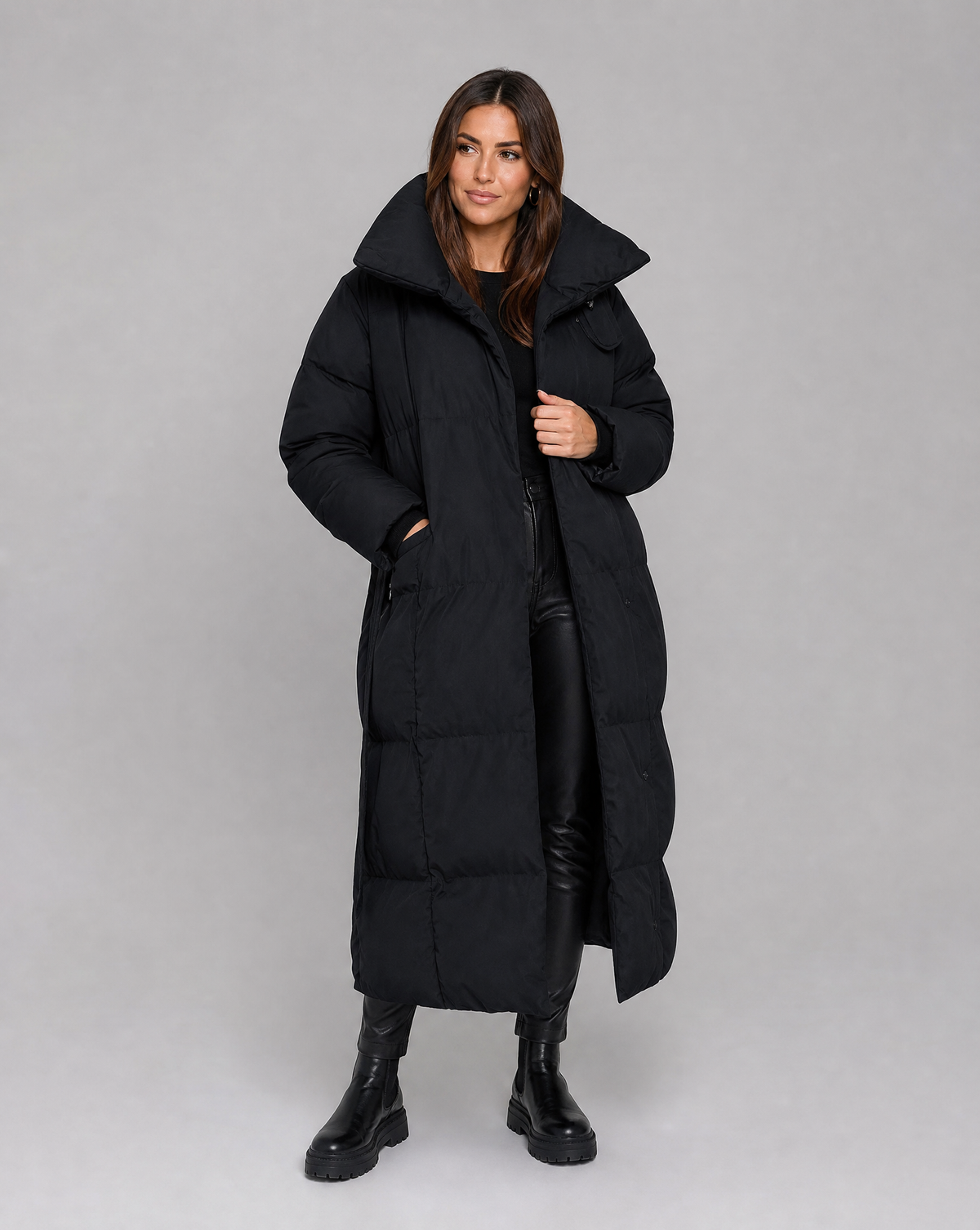 Leonie Funnel Neck Belted Long Line Quilted Puffer Coat - Black