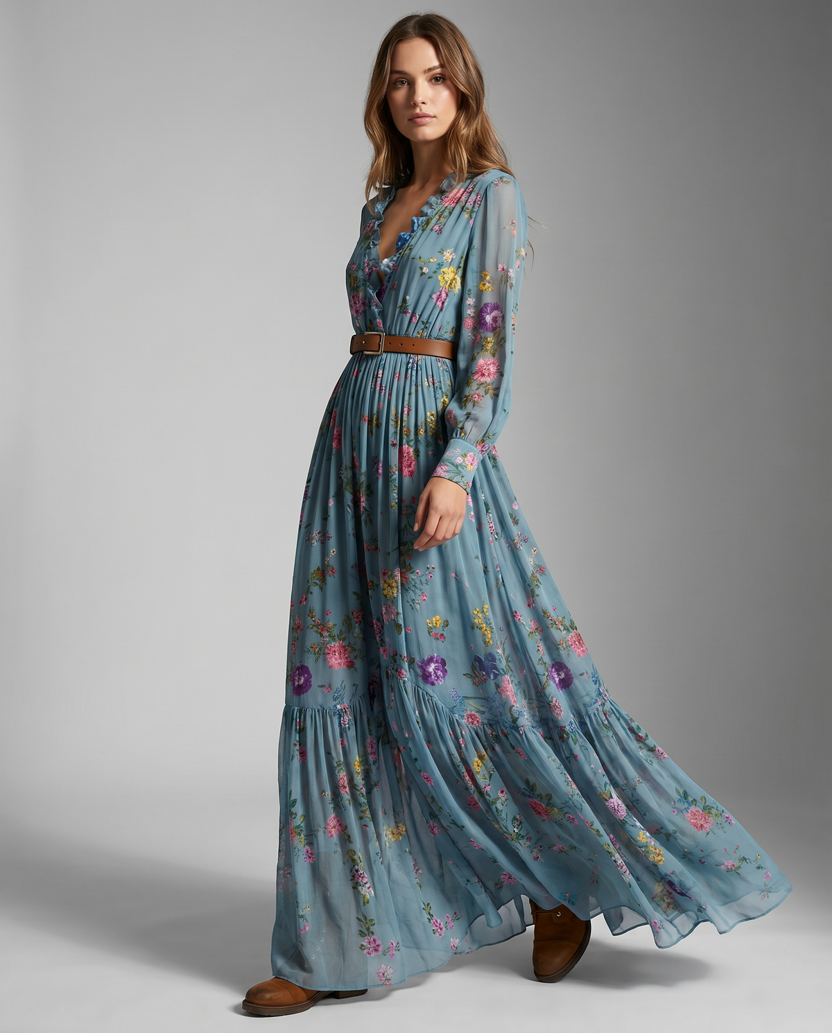 Sidonie Floral Print Belted V Neck Long Sleeve Tiered Maxi Dress