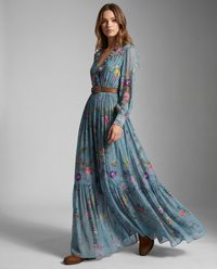 Sidonie Floral Print Belted V Neck Long Sleeve Tiered Maxi Dress