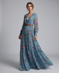 Sidonie Floral Print Belted V Neck Long Sleeve Tiered Maxi Dress