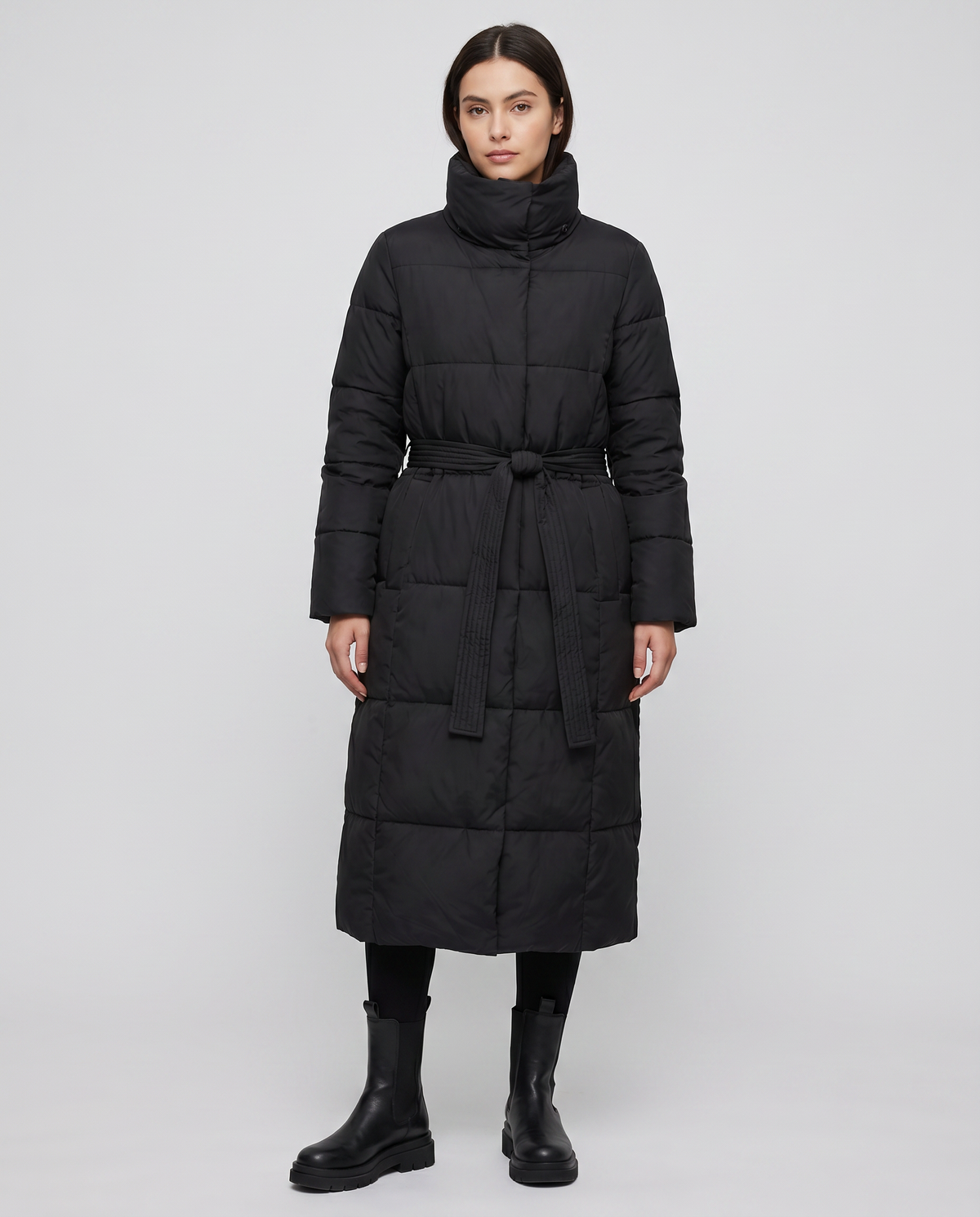 Leonie Funnel Neck Belted Long Line Quilted Puffer Coat