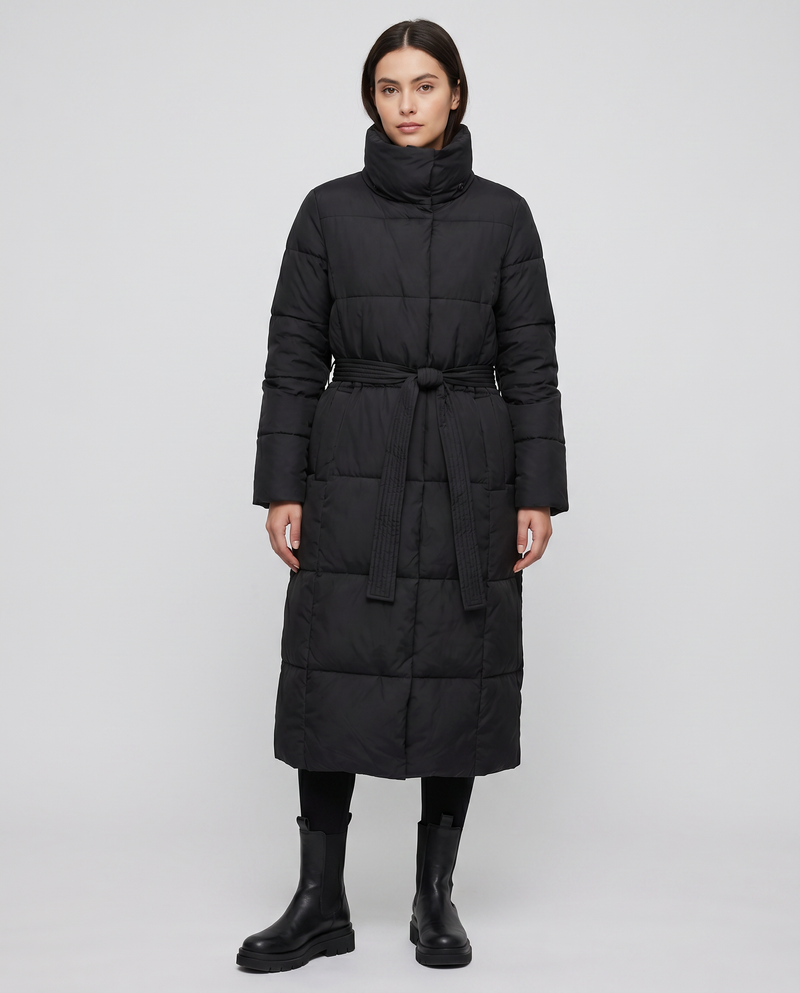 Leonie Funnel Neck Belted Long Line Quilted Puffer Coat