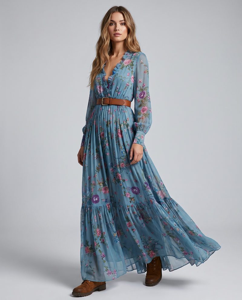 Sidonie Floral Print Belted V Neck Long Sleeve Tiered Maxi Dress
