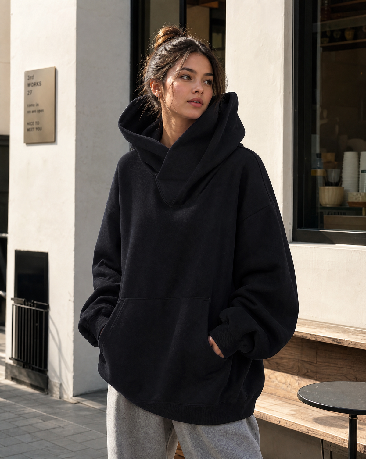 Eulalia Oversized Double Layer Hood Kangaroo Pocket Hoodie