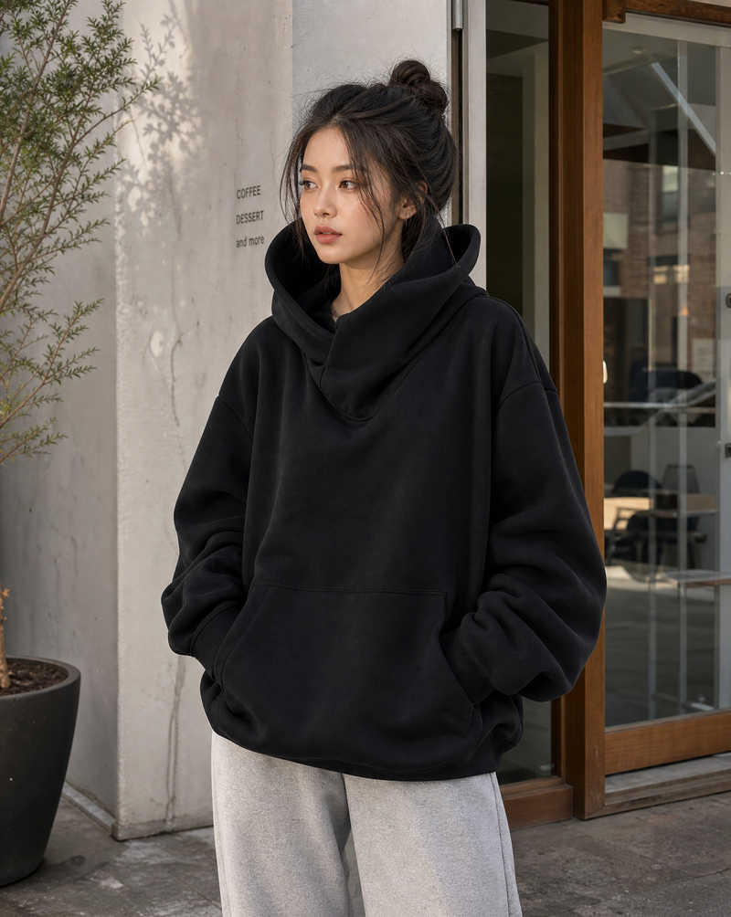 Eulalia Oversized Double Layer Hood Kangaroo Pocket Hoodie