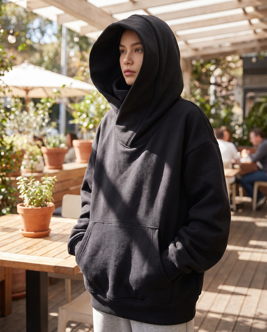 Eulalia Oversized Double Layer Hood Kangaroo Pocket Hoodie - Black