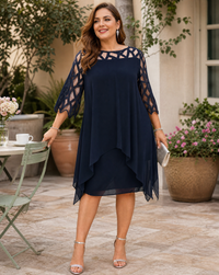 Agnes Sheer Overlay Handkerchief Hem Three Quarter Sleeve Midi Dress