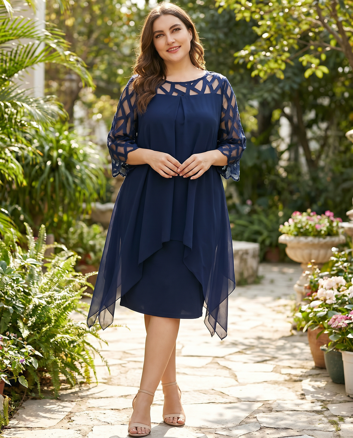 Agnes Sheer Overlay Handkerchief Hem Three Quarter Sleeve Midi Dress