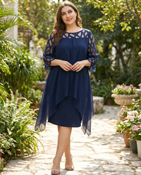 Agnes Sheer Overlay Handkerchief Hem Three Quarter Sleeve Midi Dress