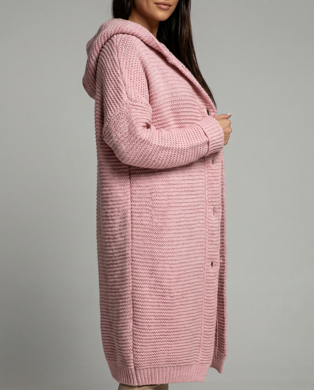 Lisbeth Hooded Longline Button Front Chunky Knit Coatigan
