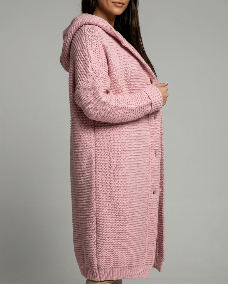 Lisbeth Hooded Longline Button Front Chunky Knit Coatigan