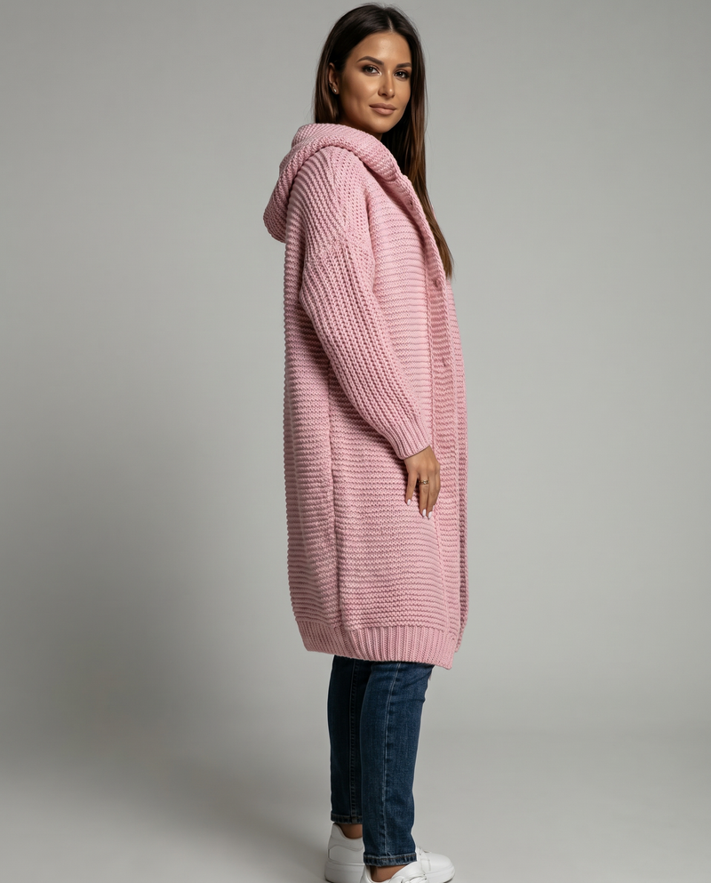 Lisbeth Hooded Longline Button Front Chunky Knit Coatigan