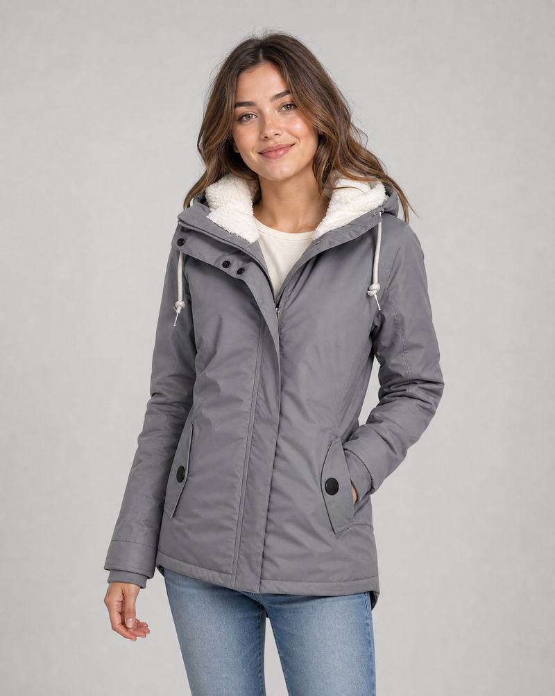 Dorothea Sherpa Lined Hood Longline Zip Front Rain Jacket