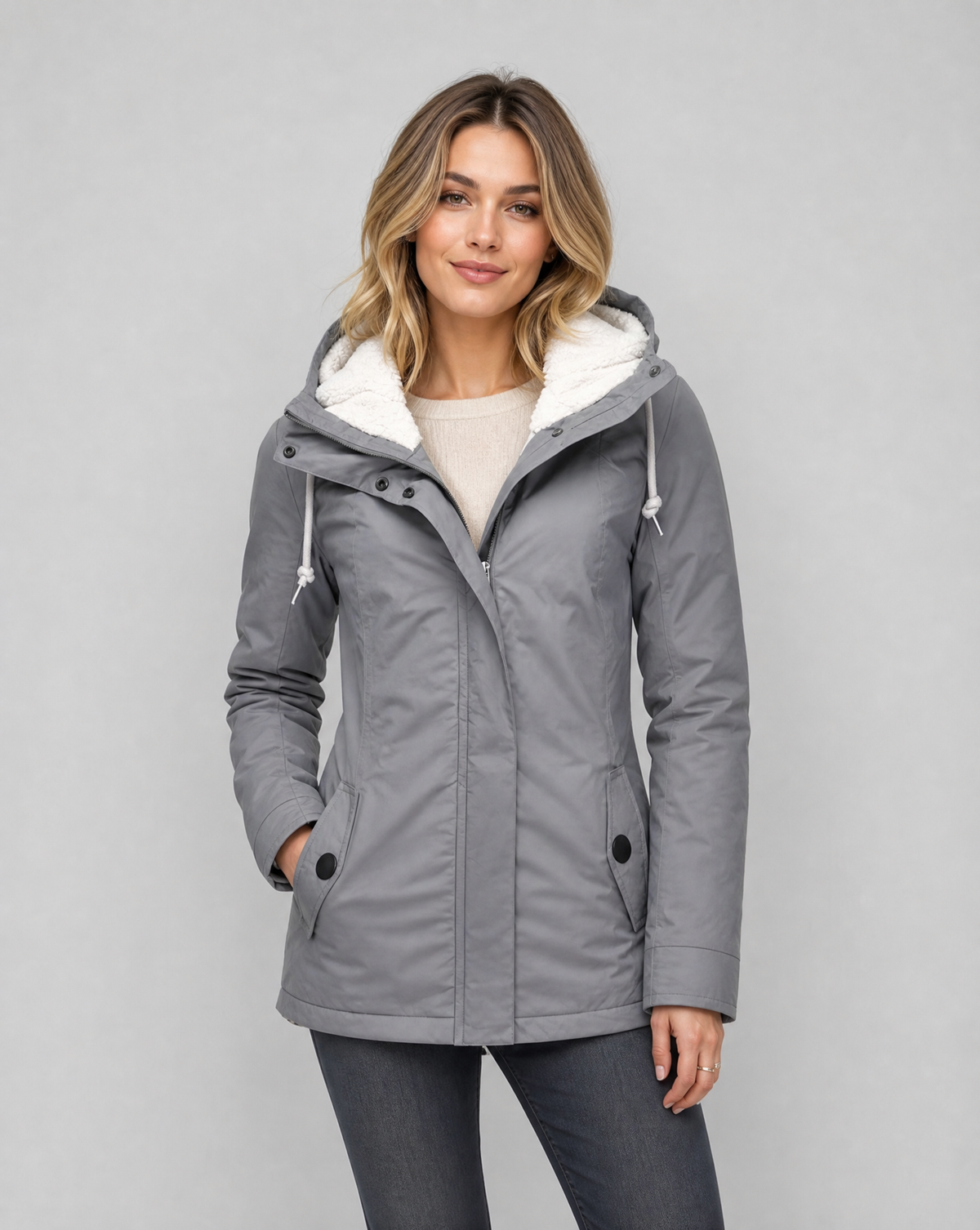 Dorothea Sherpa Lined Hood Longline Zip Front Rain Jacket
