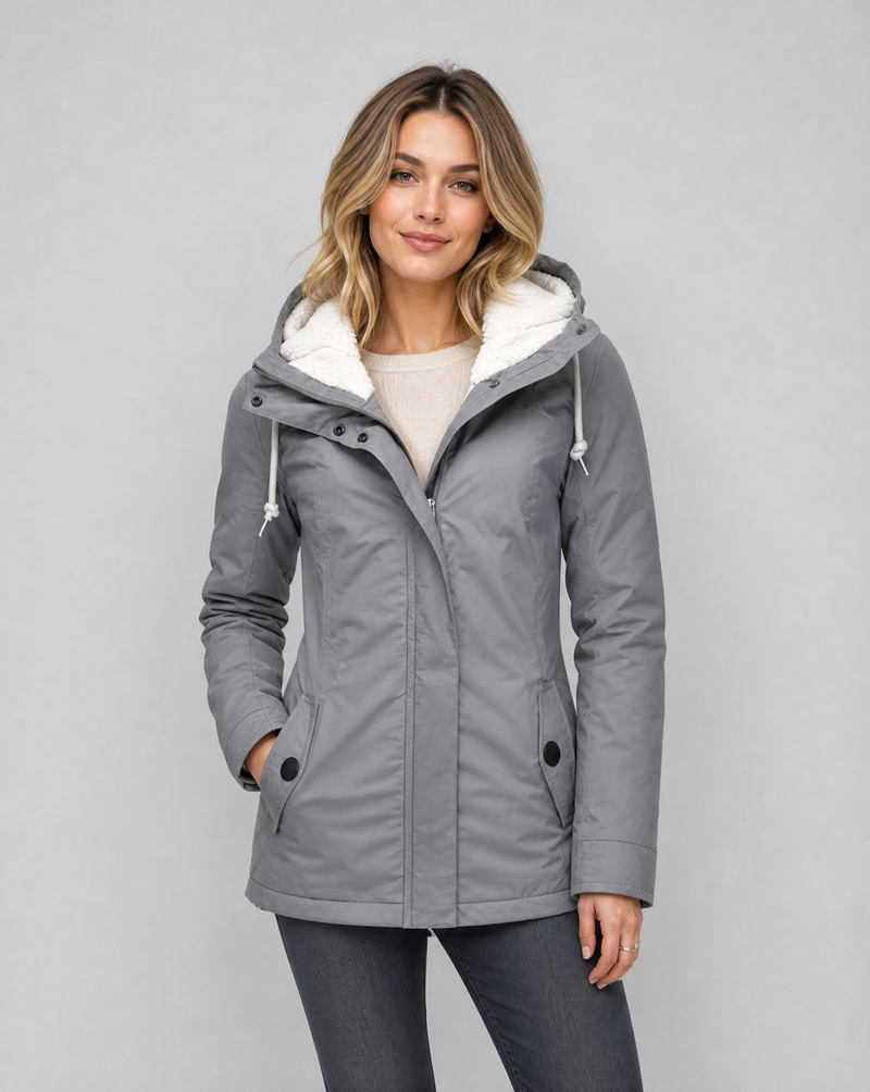 Dorothea Sherpa Lined Hood Longline Zip Front Rain Jacket