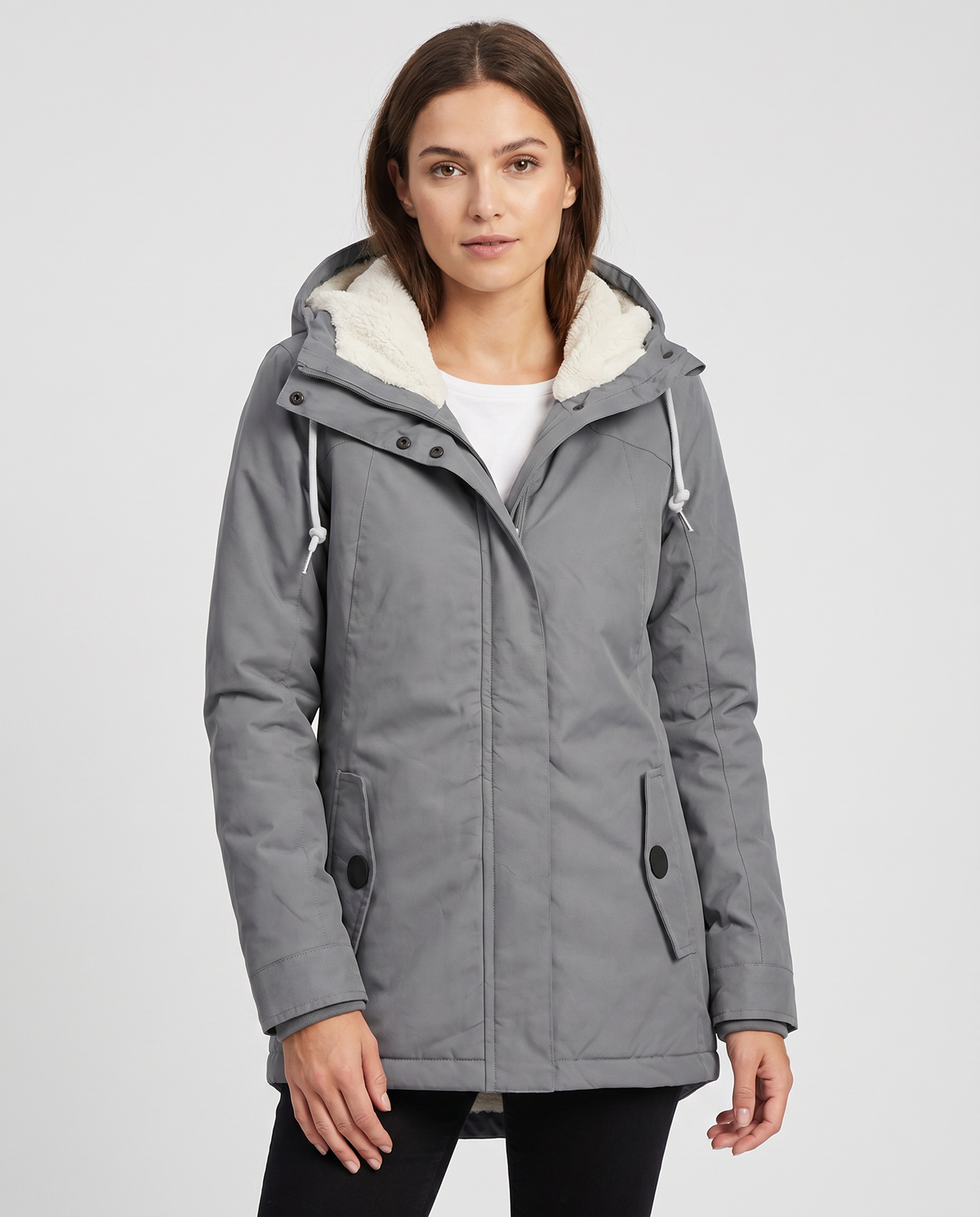 Dorothea Sherpa Lined Hood Longline Zip Front Rain Jacket