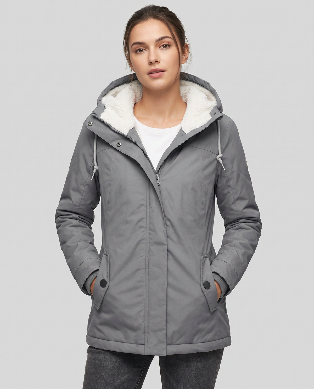 Dorothea Sherpa Lined Hood Longline Zip Front Rain Jacket