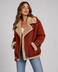 Ophelia Buckle Strap Shearling Lined Aviator Biker Jacket