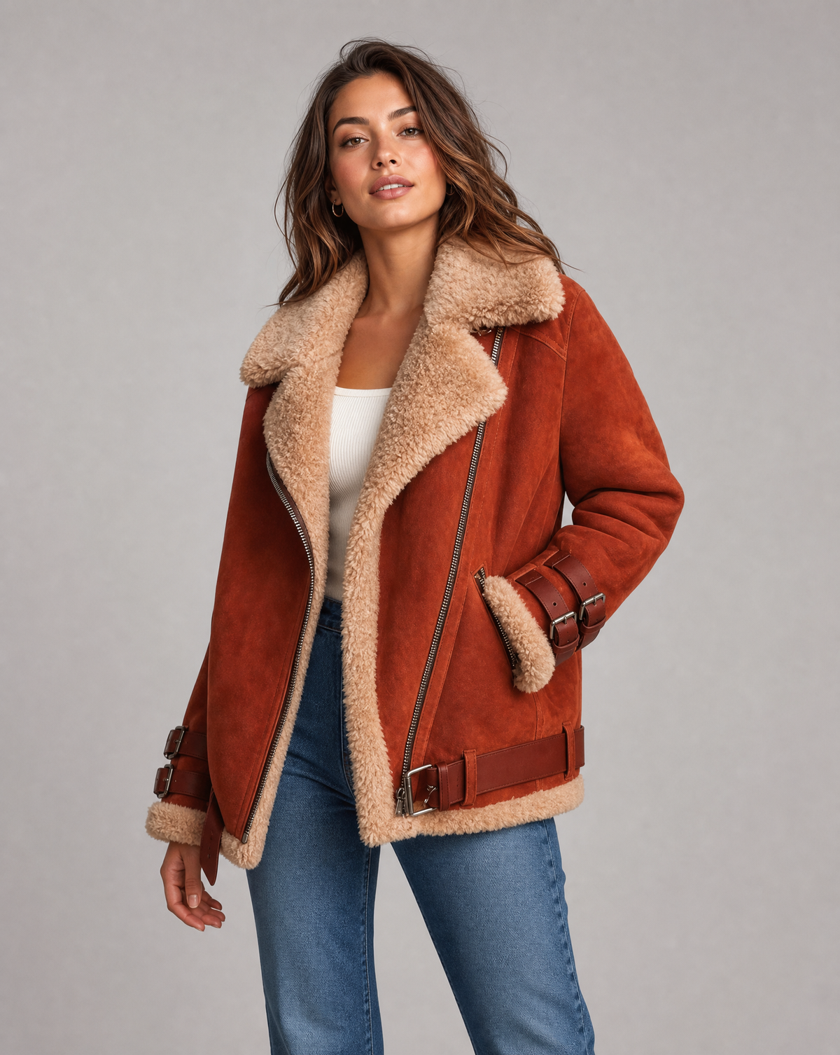 Ophelia Buckle Strap Shearling Lined Aviator Biker Jacket - Orange