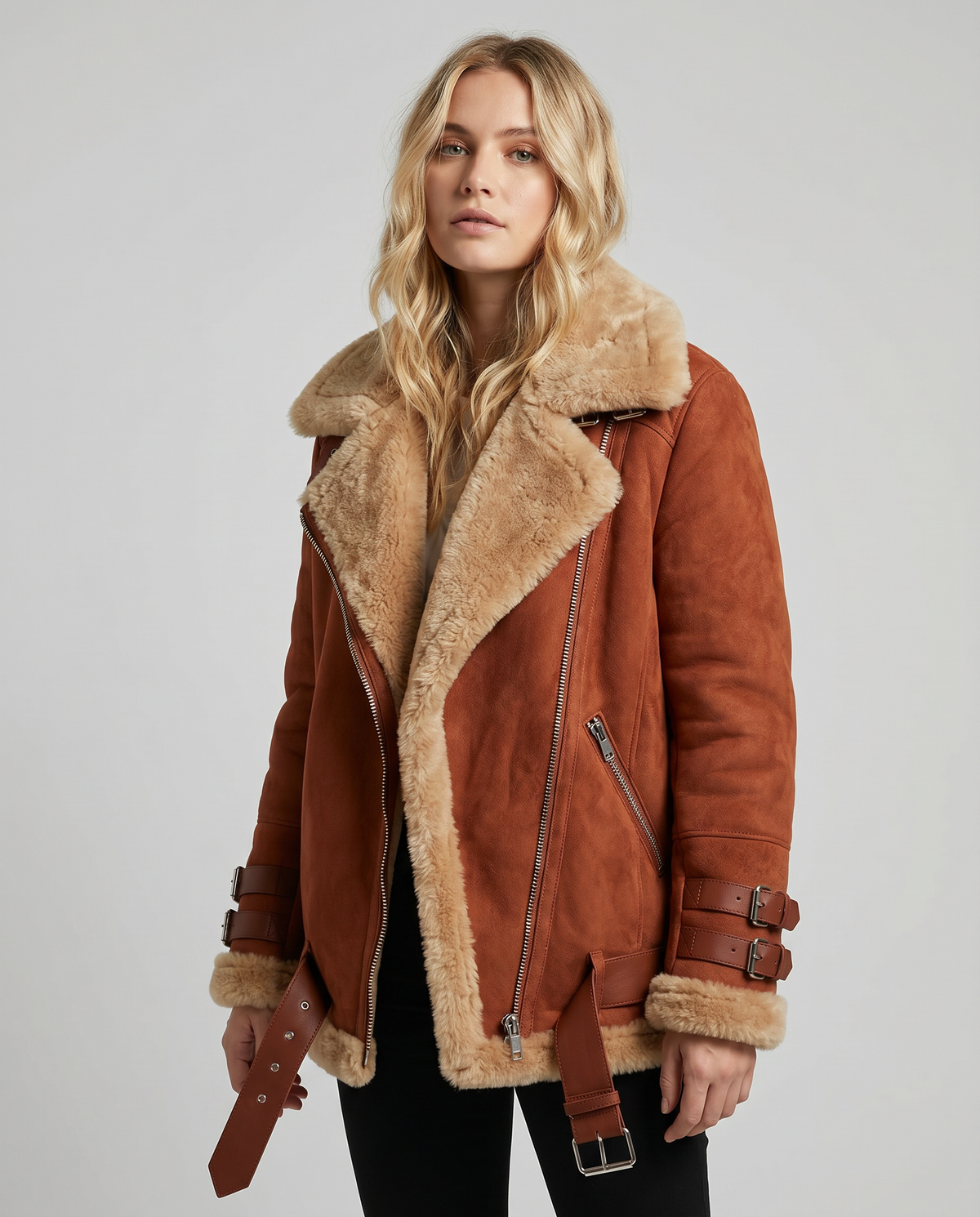 Ophelia Buckle Strap Shearling Lined Aviator Biker Jacket