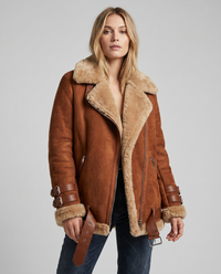 Ophelia Buckle Strap Shearling Lined Aviator Biker Jacket