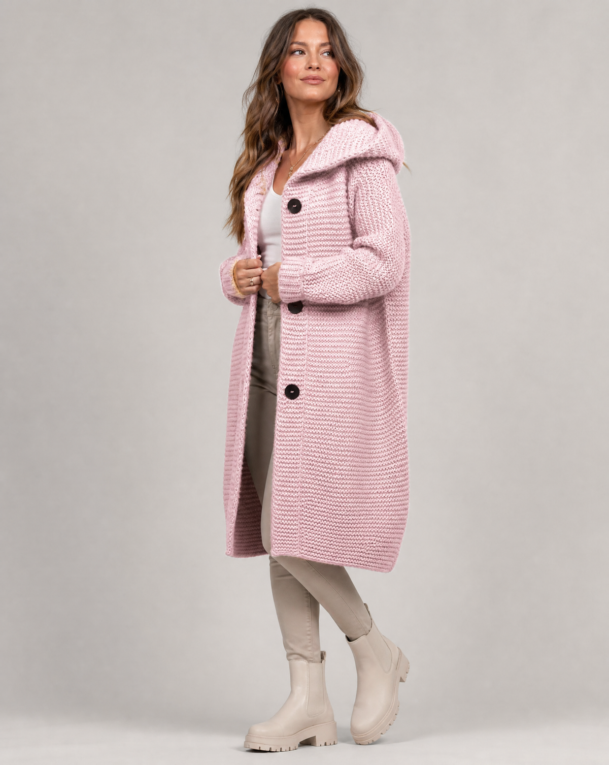 Lisbeth Hooded Longline Button Front Chunky Knit Coatigan