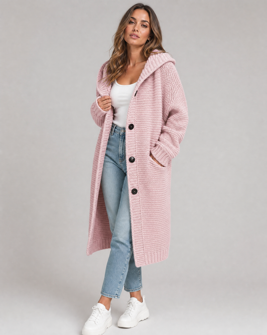 Lisbeth Hooded Longline Button Front Chunky Knit Coatigan - Light Pink