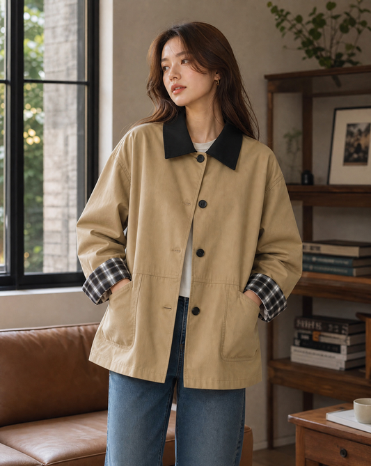Araminta Contrast Collar Check Lined Barn Chore Jacket