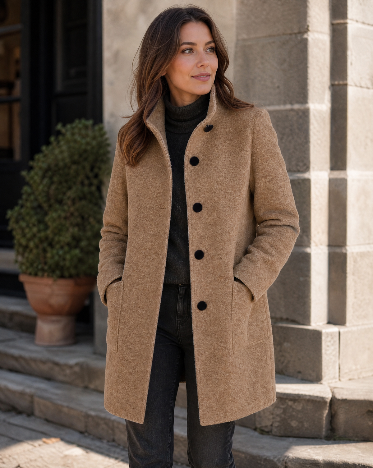 Marisol Button Through Patch Pocket Textured Midi Coat