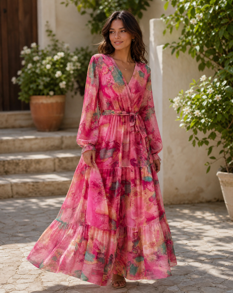 Edith Watercolour Floral Tiered Blouson Sleeve Belted Maxi Dress
