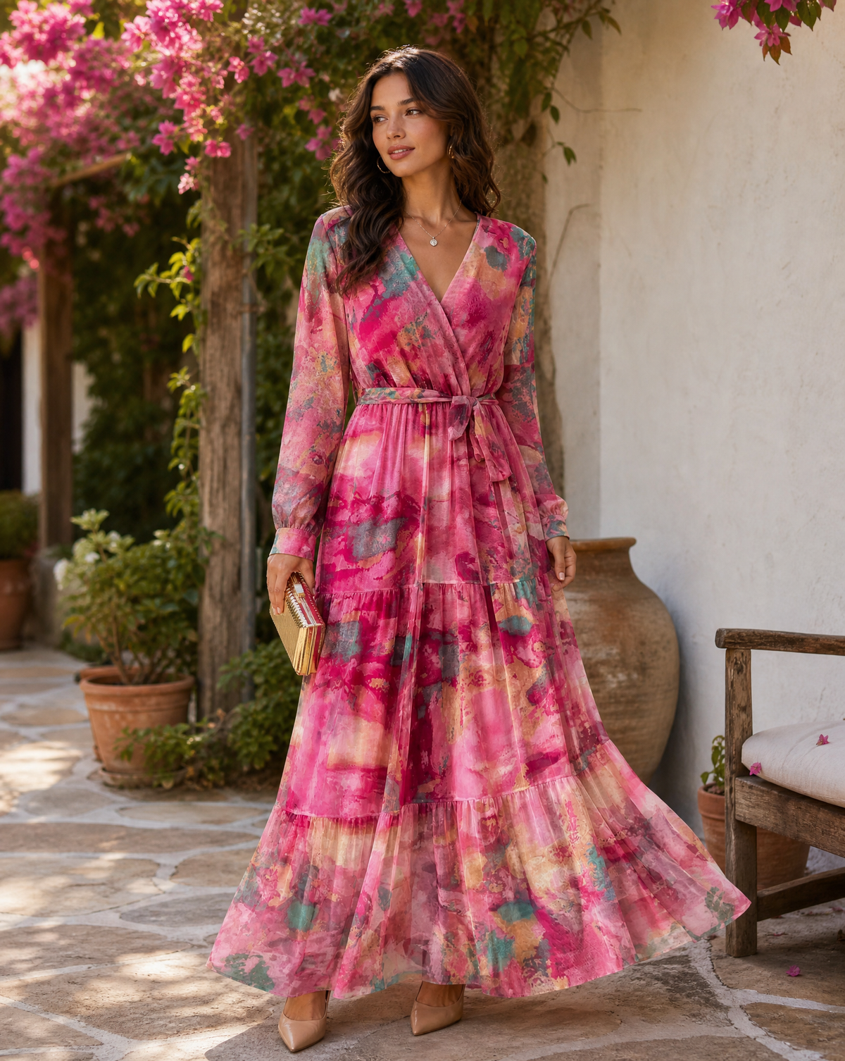 Edith Watercolour Floral Tiered Blouson Sleeve Belted Maxi Dress
