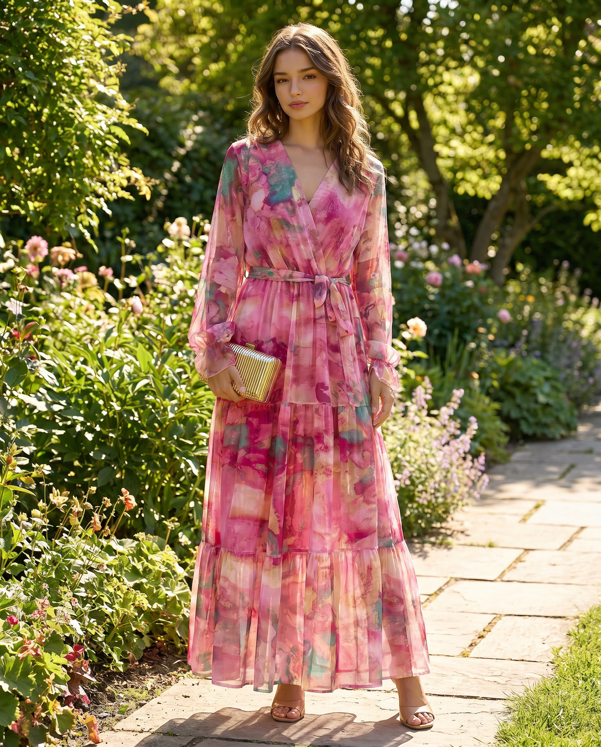 Edith Watercolour Floral Tiered Blouson Sleeve Belted Maxi Dress