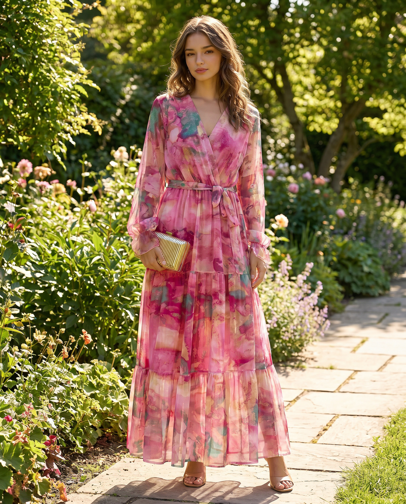 Edith Watercolour Floral Tiered Blouson Sleeve Belted Maxi Dress
