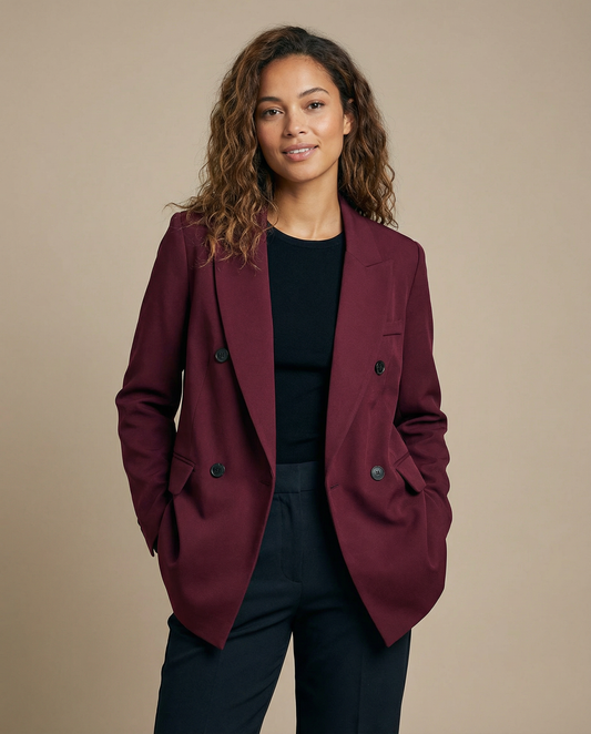 Quinn Tailored Structured Shoulder Double Breasted Blazer - Burgundy