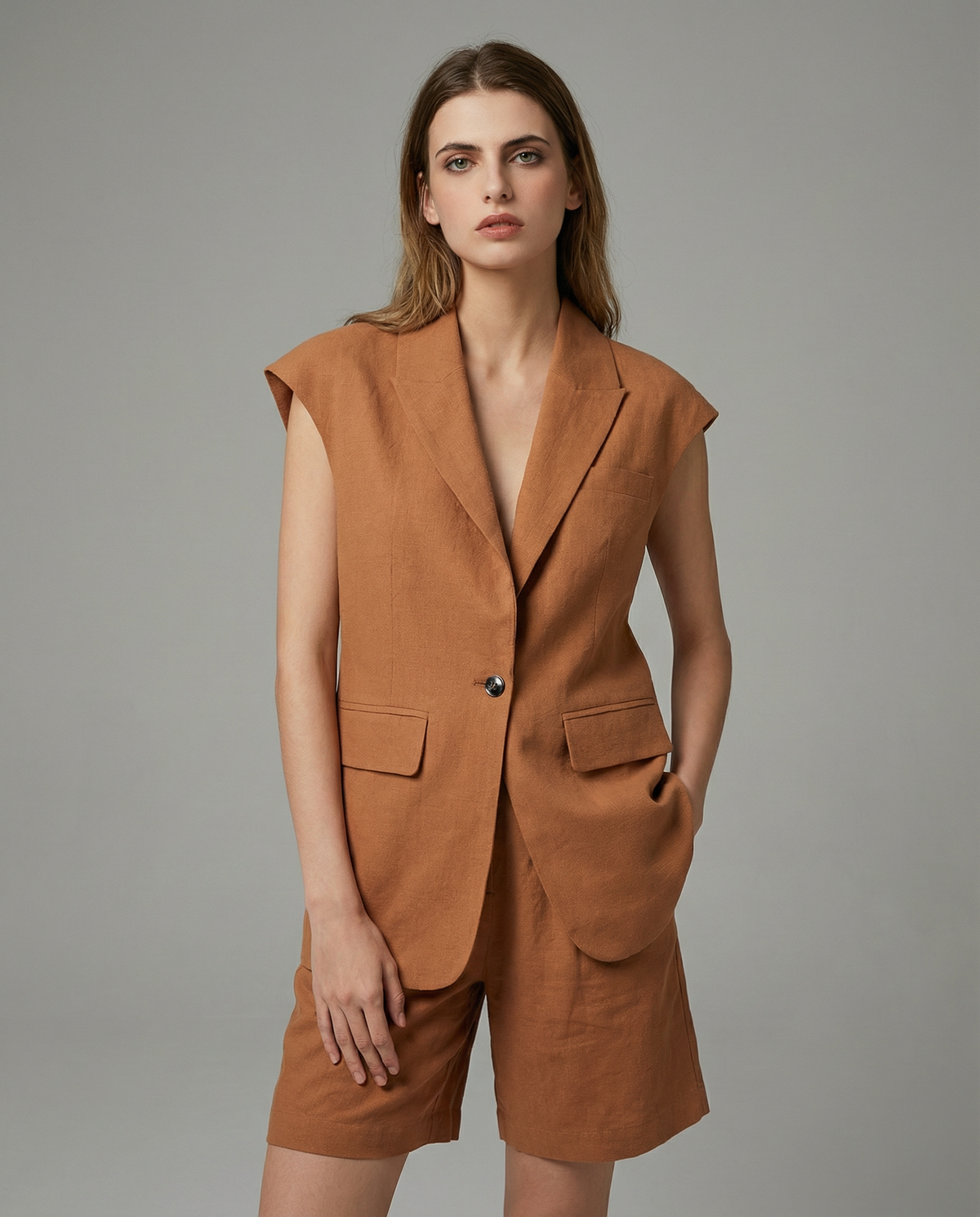 Kyla Cap Shoulder Sleeveless Single Button Blazer Waistcoat - Light Brown