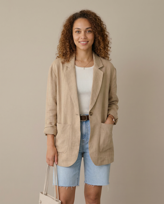 Yasmin Patch Pocket Relaxed Open Front Summer Blazer - Khaki