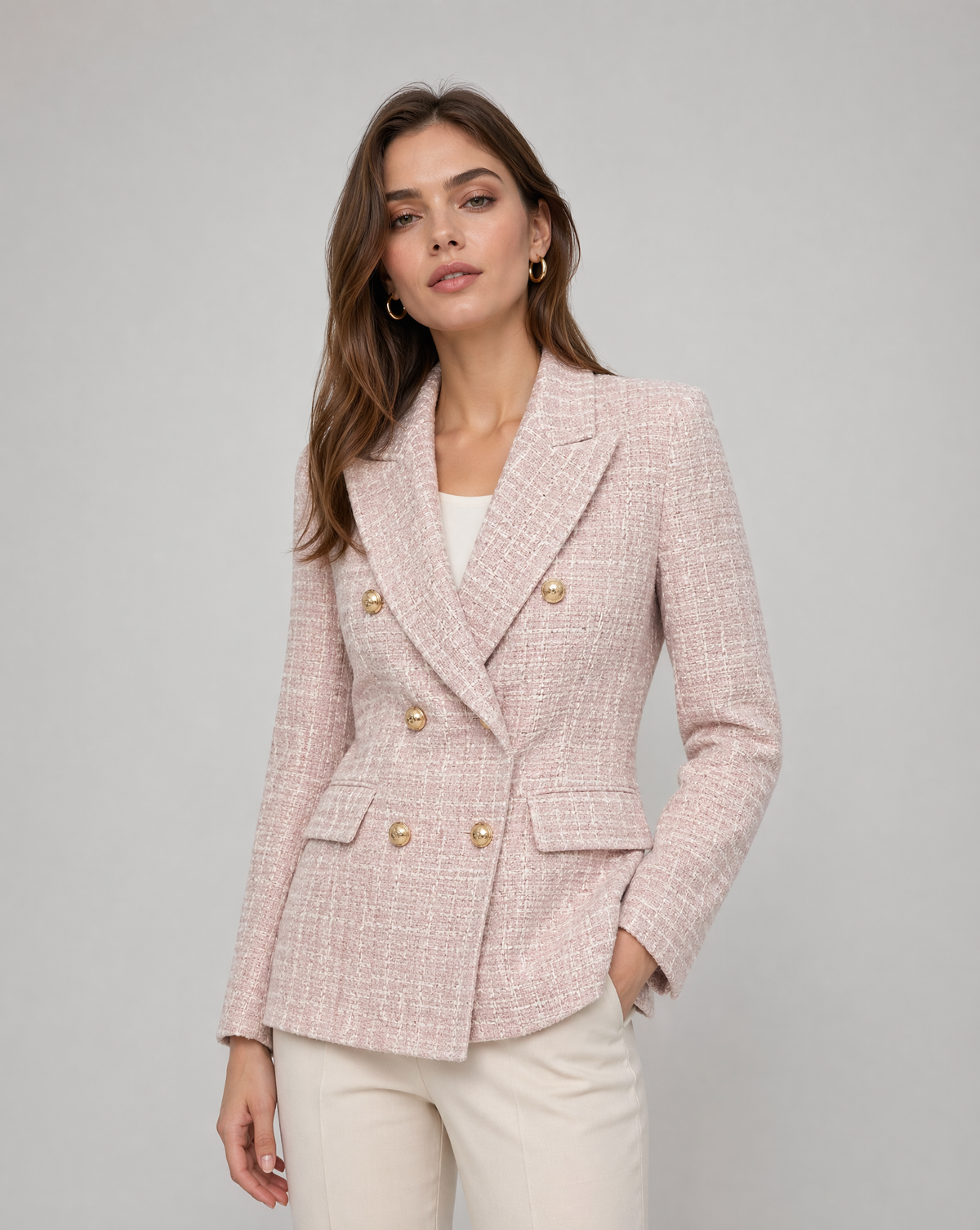 Daisy Gold Button Double Breasted Fitted Tweed Blazer