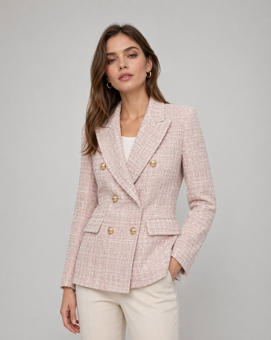 Daisy Gold Button Double Breasted Fitted Tweed Blazer
