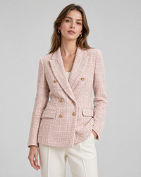 Daisy Gold Button Double Breasted Fitted Tweed Blazer