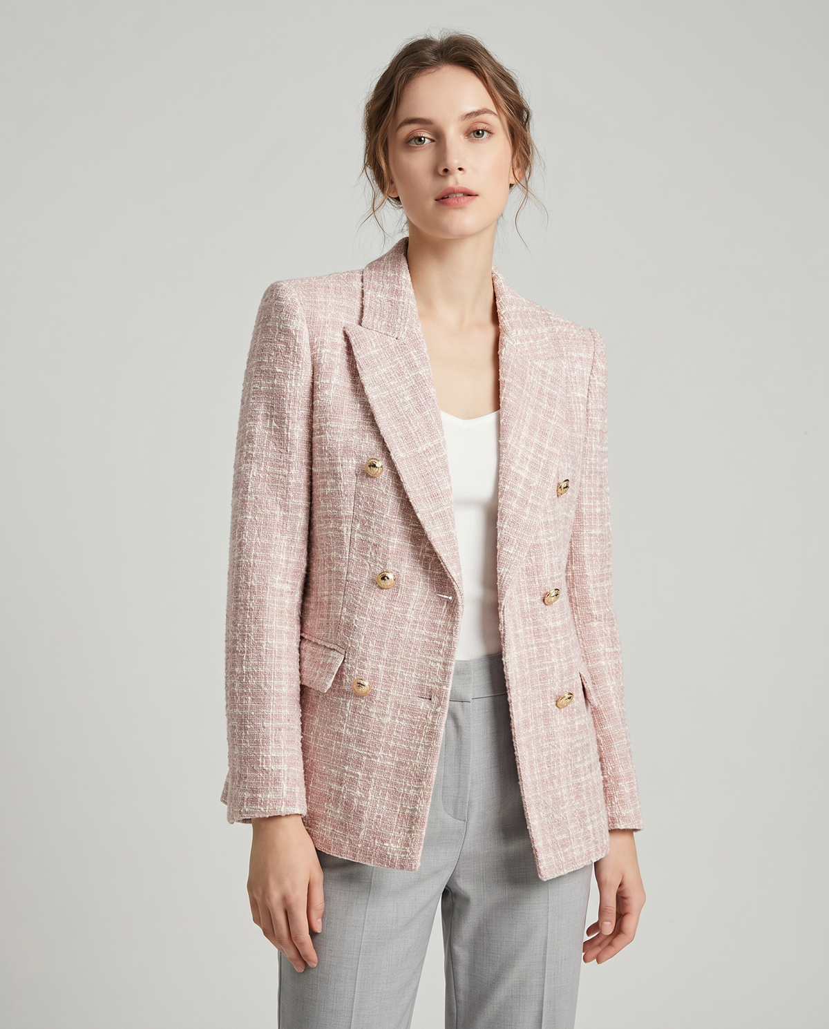 Daisy Gold Button Double Breasted Fitted Tweed Blazer