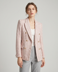 Daisy Gold Button Double Breasted Fitted Tweed Blazer