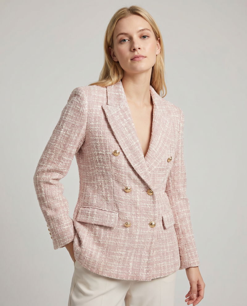 Daisy Gold Button Double Breasted Fitted Tweed Blazer