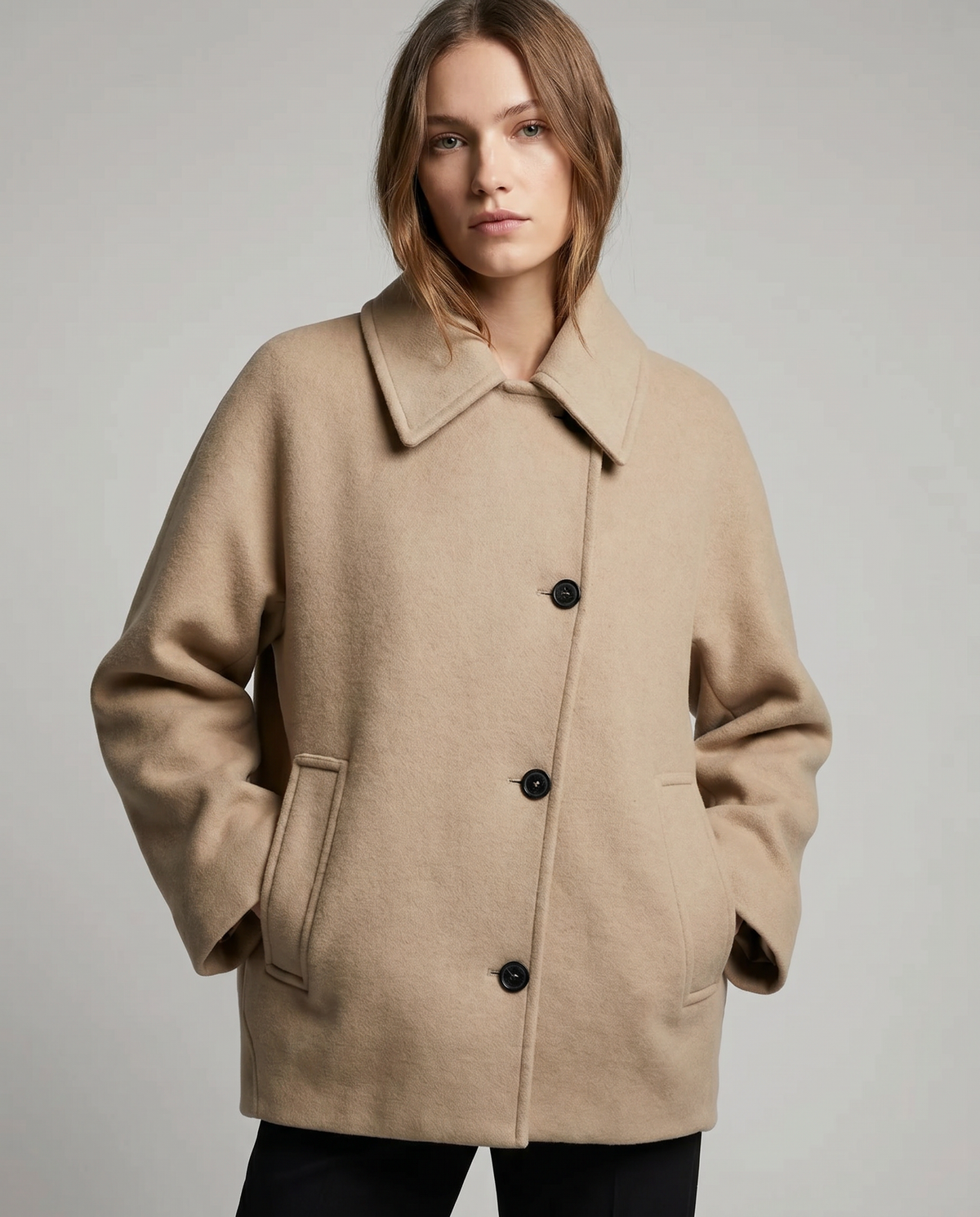 Wilhelmina Wide Flat Collar Oversized Cocoon Short Coat - Brown
