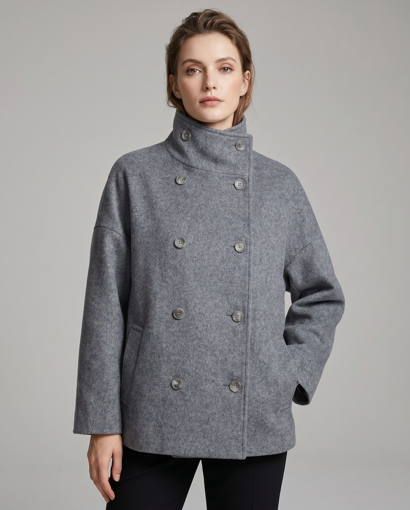 Sabine Funnel Collar Double Breasted Cocoon Short Coat