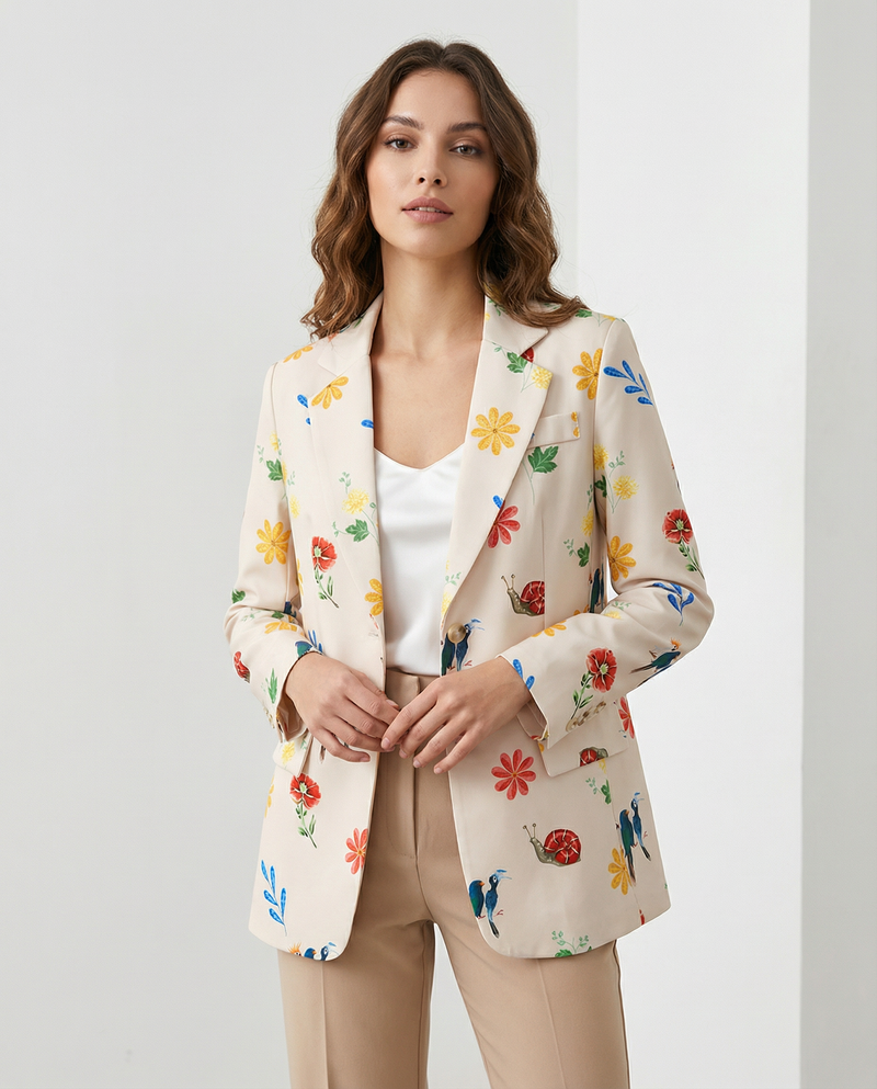 Violet Painted Floral Print Relaxed Single Breasted Blazer