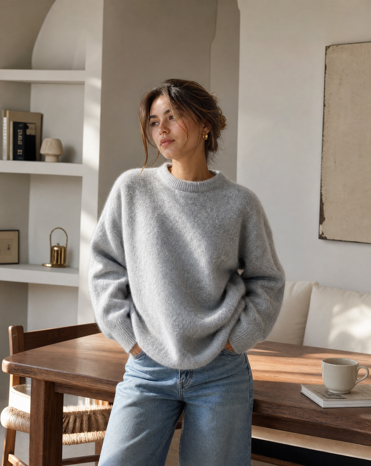Eira Brushed Soft Oversized Crew Neck Slouch Knit Jumper - Grey