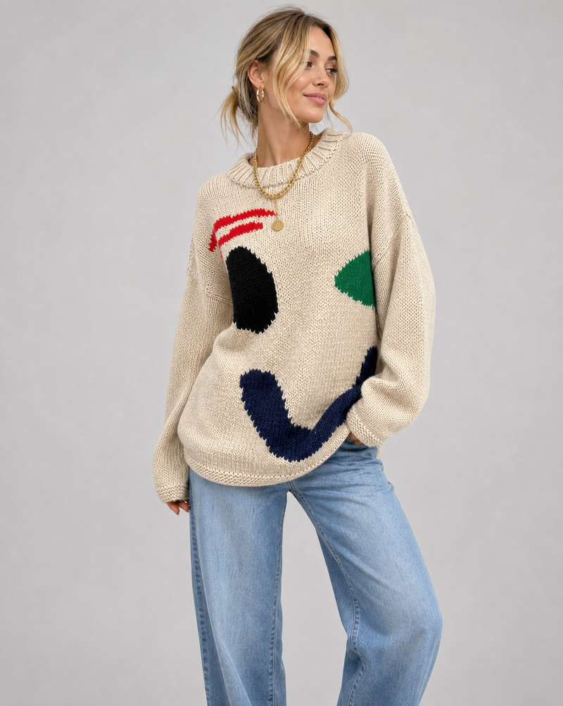 Annika Abstract Shape Intarsia Oversized Slouch Knit Jumper