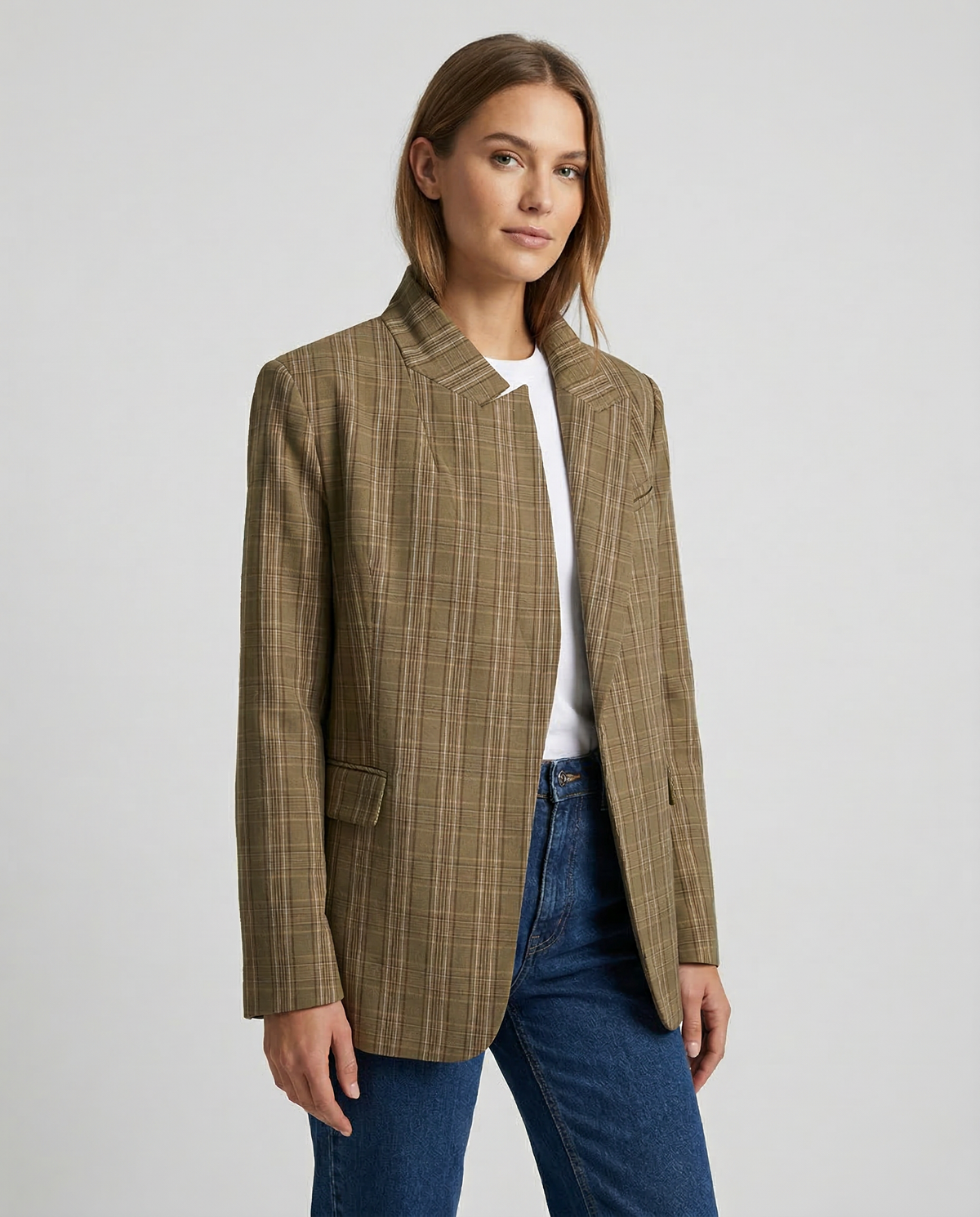 Sienna Fine Check Single Breasted Straight Cut Blazer - Light Brown